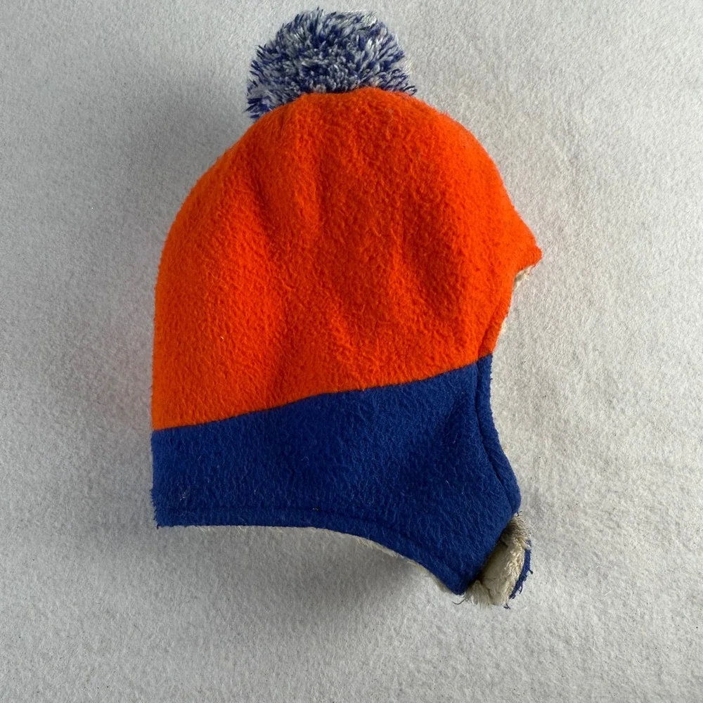 LL Bean Toddler 2T-4T Fleece Trapper Hat Orange Blue Pom Pom Earflap